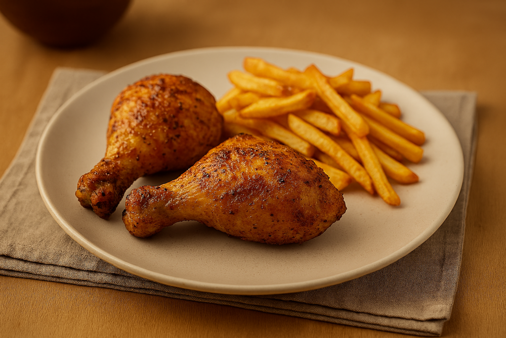 Knusprige Hähnchenschenkel mit Pommes