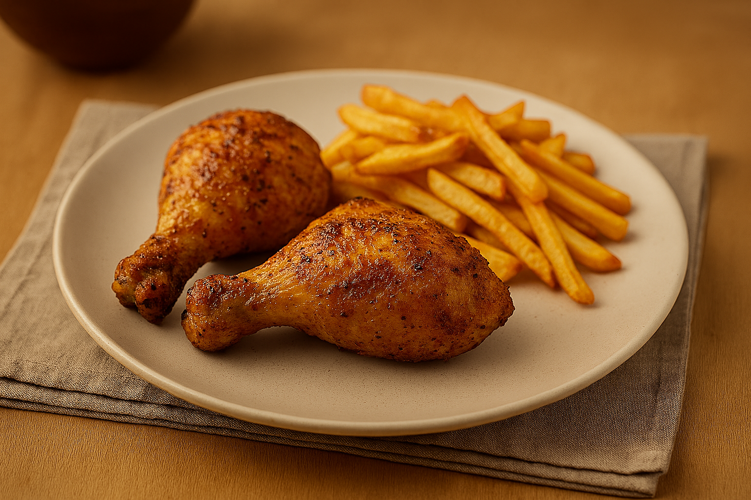 Knusprige Hähnchenschenkel mit Pommes