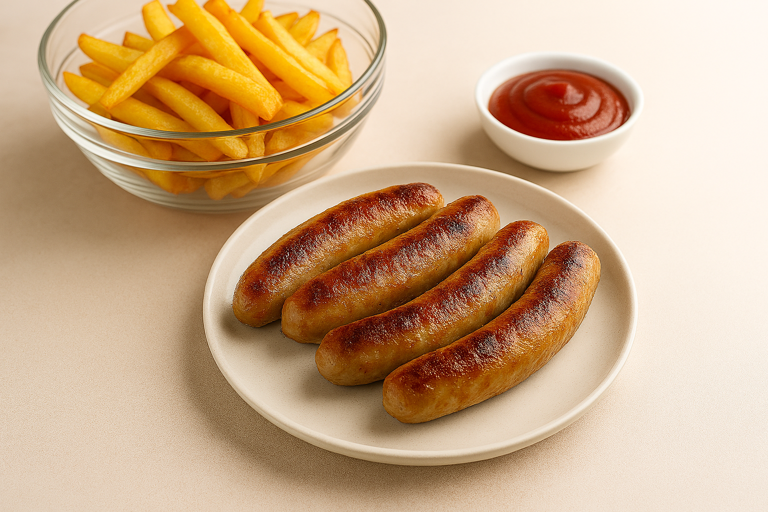 Gebratene Bratwürste auf einem Teller mit Pommes und Ketchup