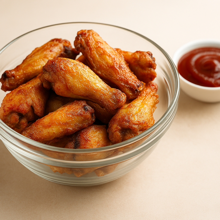 Goldbraune Chicken Wings in einer Glasschüssel mit BBQ‑Sauce