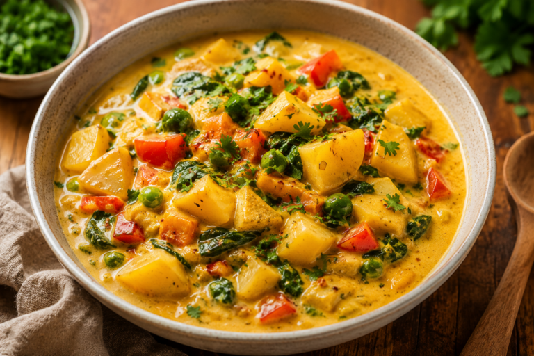 OnePot Kartoffel-Curry mit Erbsen. Herzhaft und lecker.