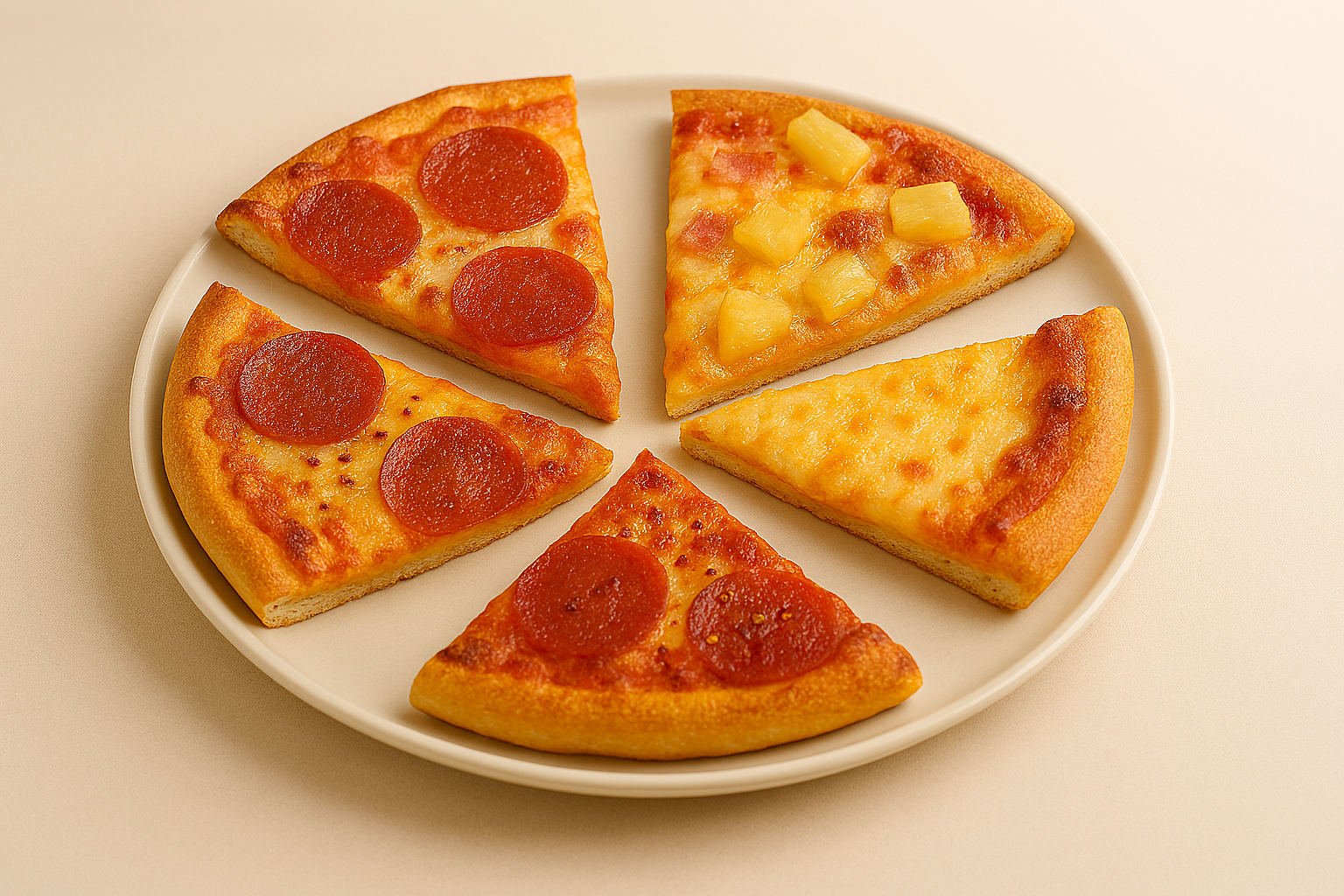 Vier verschiedene Pizzastücke auf einem Teller