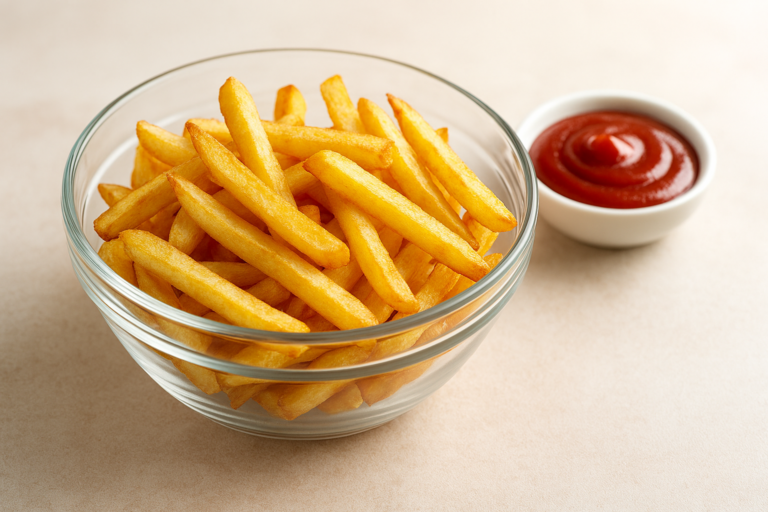 Knusprige Pommes in einer Glasschüssel mit Ketchup daneben