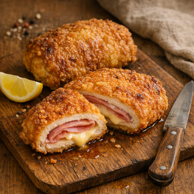 Knuspriges Cordon Bleu aus dem Airfryer mit geschmolzenem Käse und Schinken.