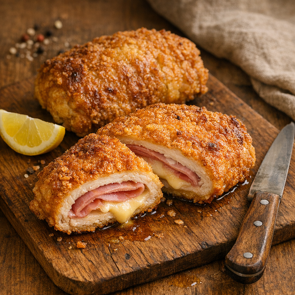 Knuspriges Cordon Bleu aus dem Airfryer mit geschmolzenem Käse und Schinken.